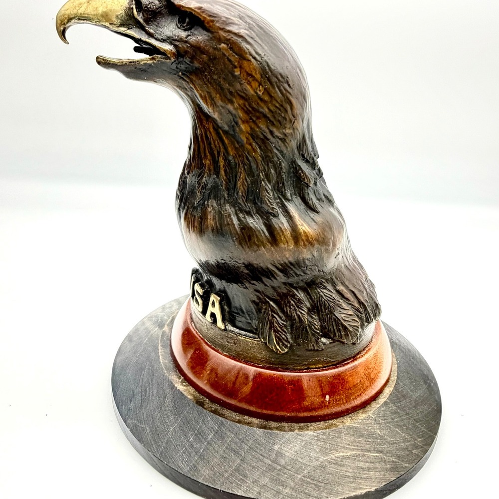 Heavy Cast Brass Bronze Bald Eagle Head Bust Sculpture USA Wood Base 8"‎ - Picture 11 of 16